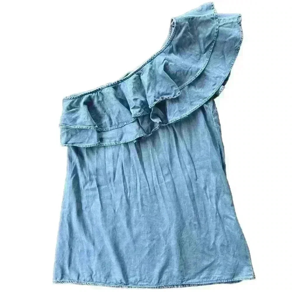 ZARA Denim Chambray Tencel Ruffle One Shoulder Mini Dress Size Medium Blue